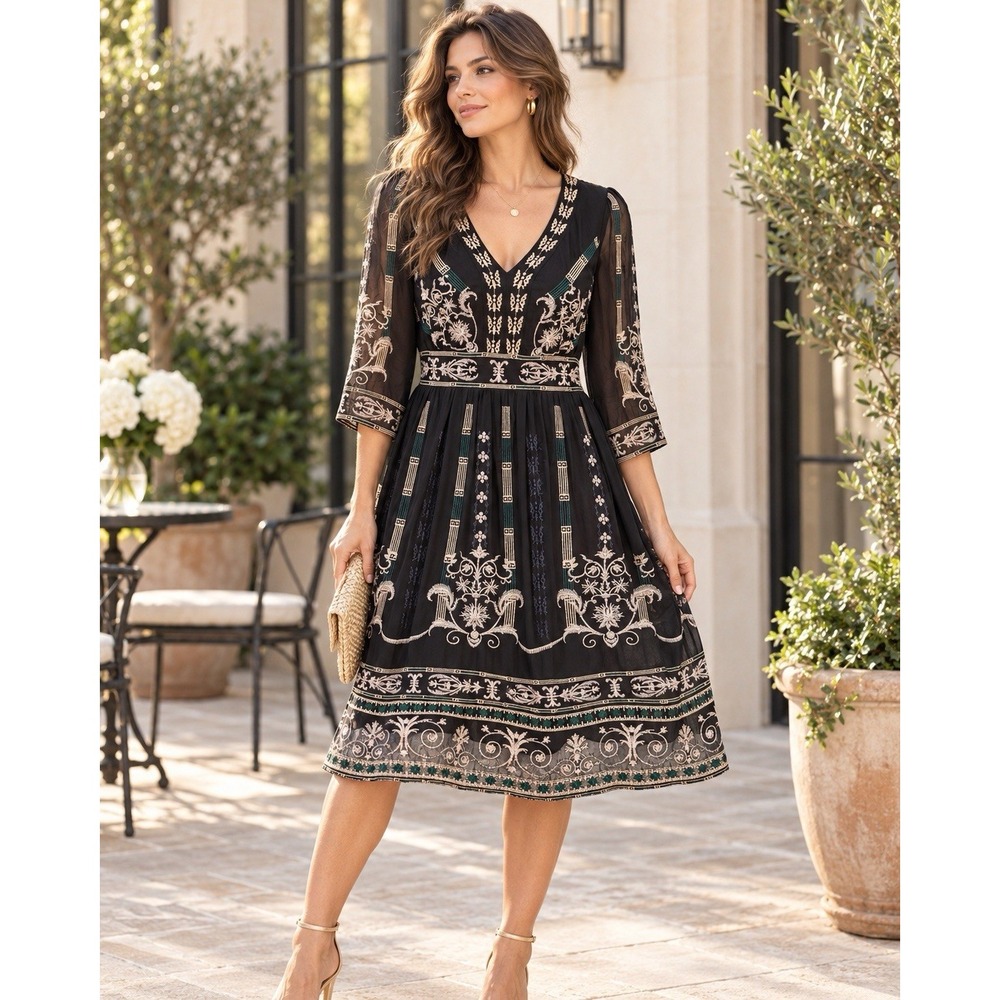 Matthew Williamson 100% Silk Embroidered Dress 4 Black Green Boho Midi V Neck
